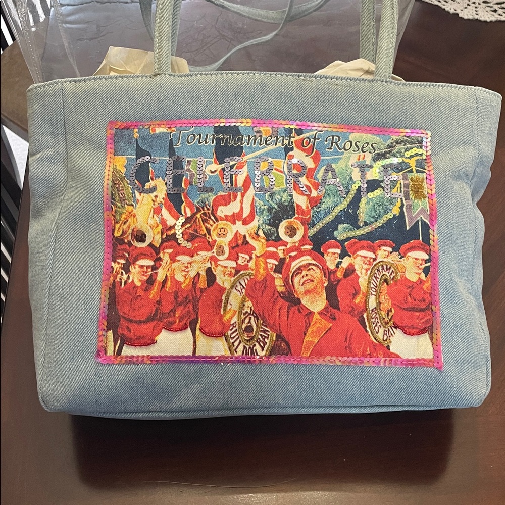 Denim Tote Bag With Sequin Tournament Of Roses Parade Design. View 2